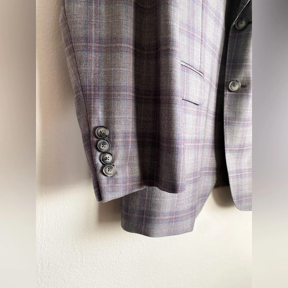 Emporio Armani GLine Virgin Wool Gray Plum Check Pane Plaid Sport Coat Blazer 54